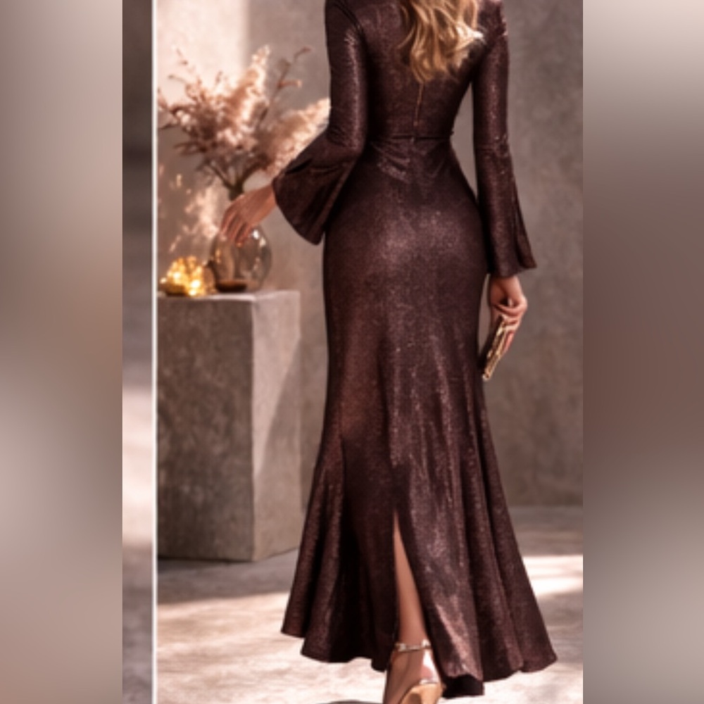 Nekane Alika Bronze Shimmer Maxi Dress Gold Lurex V-Neck Keyhole NWT Medium - Picture 11 of 12